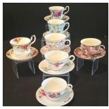 H - Set of 7 Vintage English Bone China Floral Teacup and Saucer Duos
