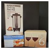 O - Party Entertaining Lot: West Bend Coffee Percolator, LivingQuarters Punch Bowl Set, Lenox Wine Glasses