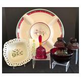 O - Holiday Serving Platter, Bowl, Red Glass Bell, Bowl, and Candleholders Collection