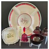 O - Holiday Serving Platter, Bowl, Red Glass Bell, Bowl, and Candleholders Collection