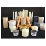 H - Collection of Assorted Candles, LED Candles, and Ornate Brass Candleholder
