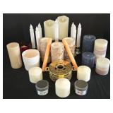 H - Collection of Assorted Candles, LED Candles, and Ornate Brass Candleholder