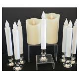 H - Collection of Assorted Candles, LED Candles, and Ornate Brass Candleholder