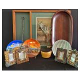 LR - Mixed Decor Collection: Framed Zebra Art, Large Wood Tray, Bowls, Plates & Themed Picture Frames