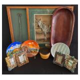 LR - Mixed Decor Collection: Framed Zebra Art, Large Wood Tray, Bowls, Plates & Themed Picture Frames