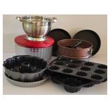 LR - Kitchenware Collection with Popover Pans, Bundt Pan, Springform Pans, Colander, and Salad Spinner