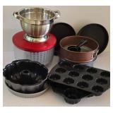 LR - Kitchenware Collection with Popover Pans, Bundt Pan, Springform Pans, Colander, and Salad Spinner