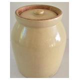 LR - Lot of 2 - Large Stoneware Crock with Lid and Metal Wall Hanging Sculpture