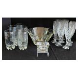 K - Glassware Set with Orrefors Candleholder, Water Glasses, Stemware, and Etched Glass Bowl