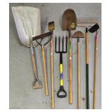 G - Set of 8 Garden Hand Tools Including Shovels, Fork, Rake, Hoes, and Weed Cutter