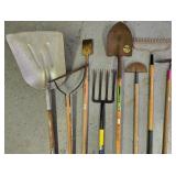 G - Set of 8 Garden Hand Tools Including Shovels, Fork, Rake, Hoes, and Weed Cutter