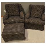 LL-FR - Pair of Thomasville Upholstered Armchairs with Ottoman and Throw Pillows
