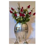 LL-FR - Decorative Silver Vase with Faux Floral Arrangement and Pair of Tall Metal Candlesticks