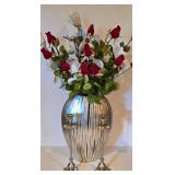 LL-FR - Decorative Silver Vase with Faux Floral Arrangement and Pair of Tall Metal Candlesticks