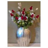 LL-FR - Decorative Silver Vase with Faux Floral Arrangement and Pair of Tall Metal Candlesticks
