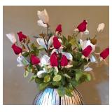 LL-FR - Decorative Silver Vase with Faux Floral Arrangement and Pair of Tall Metal Candlesticks