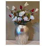 LL-FR - Decorative Silver Vase with Faux Floral Arrangement and Pair of Tall Metal Candlesticks