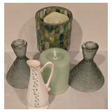 Home Decor Set with Pair of Glass Candlesticks, Mosaic Candleholder, and Royal Tara Pitcher