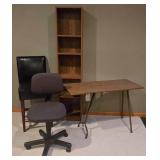 LL-FR - Office Furniture Lot - Black Stool, Desk Chair, Bookcase, and Folding Table
