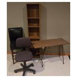 LL-FR - Office Furniture Lot - Black Stool, Desk Chair, Bookcase, and Folding Table