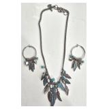 K - Nine West Vintage America Necklace and Hoop Earrings Set with Feather Charms and Turquoise Accents