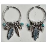K - Nine West Vintage America Necklace and Hoop Earrings Set with Feather Charms and Turquoise Accents