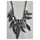 K - Nine West Vintage America Necklace and Hoop Earrings Set with Feather Charms and Turquoise Accents