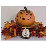 G - Cast Iron Pumpkin Lantern with Metal Leaves and Pedestal Cake Plate Set