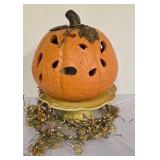 G - Cast Iron Pumpkin Lantern with Metal Leaves and Pedestal Cake Plate Set