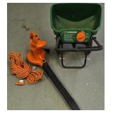 G - Scotts Broadcast Spreader and Black+Decker Leaf Blower with Extension Cord