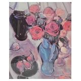 LR - Framed Still Life Print of Flowers in Vase Signed