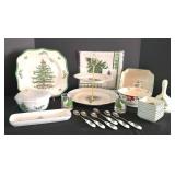 H - Spode Christmas Tree Entertaining Set with Bowls, Trays, Bell, Candleholders, Spoons, and Linen Napkins