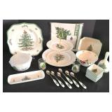 H - Spode Christmas Tree Entertaining Set with Bowls, Trays, Bell, Candleholders, Spoons, and Linen Napkins
