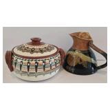 LR - Hand-Painted Bulgarian Terracotta Casserole with Lid and Studio Pottery Pitcher