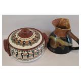 LR - Hand-Painted Bulgarian Terracotta Casserole with Lid and Studio Pottery Pitcher