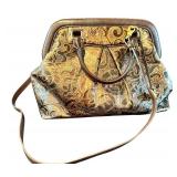 MBR - Brahmin Brown Gold Embossed Leather Satchel Purse