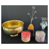 O - Assorted Home Decor Lot with 8 Gold Chargers, 16 Blue Placemats, Gold Metal Planter, and Candles