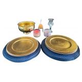 O - Assorted Home Decor Lot with 8 Gold Chargers, 16 Blue Placemats, Gold Metal Planter, and Candles