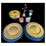 O - Assorted Home Decor Lot with 8 Gold Chargers, 16 Blue Placemats, Gold Metal Planter, and Candles