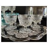 K - Vintage Glass Cake Stand Set with 6 Sherbet Bowls, Floral Tray, and Dome Cover