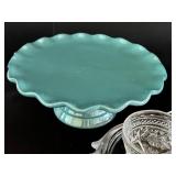 K - Vintage Glass Cake Stand Set with 6 Sherbet Bowls, Floral Tray, and Dome Cover