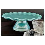 K - Vintage Glass Cake Stand Set with 6 Sherbet Bowls, Floral Tray, and Dome Cover