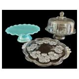 K - Vintage Glass Cake Stand Set with 6 Sherbet Bowls, Floral Tray, and Dome Cover