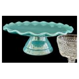 K - Vintage Glass Cake Stand Set with 6 Sherbet Bowls, Floral Tray, and Dome Cover