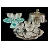 K - Vintage Glass Cake Stand Set with 6 Sherbet Bowls, Floral Tray, and Dome Cover