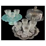 K - Vintage Glass Cake Stand Set with 6 Sherbet Bowls, Floral Tray, and Dome Cover