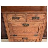 LL - Antique Oak Washstand with Carved Back and Brass Hardware