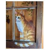 G2 - Hand-Painted Rustic Window Art with Cat, Bird, Birdhouse and Flowers by Trimble