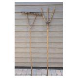 G2 - Antique Wooden Hay Rake and Three-Tine Pitchfork Set