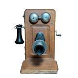 LL - Antique Kellogg Oak Wall Telephone with Crank
